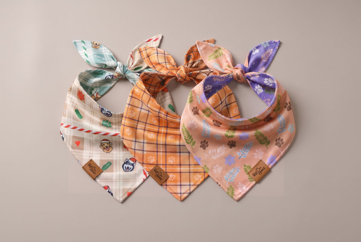 Three Voff Haus reversible bandanas tied and laid side by side