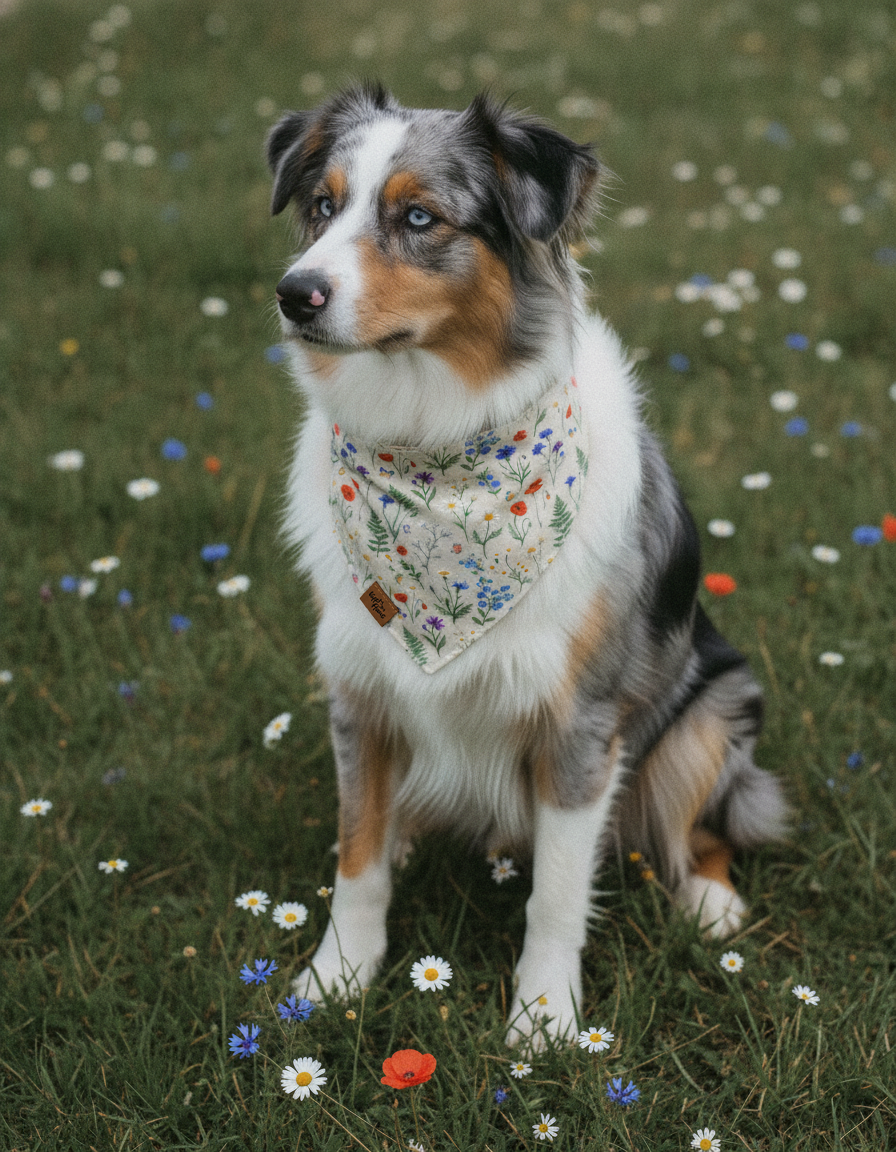Australian Shepherd sitting in a wildflower meadow wearing the Wildflower Meadow dog bandana in cream