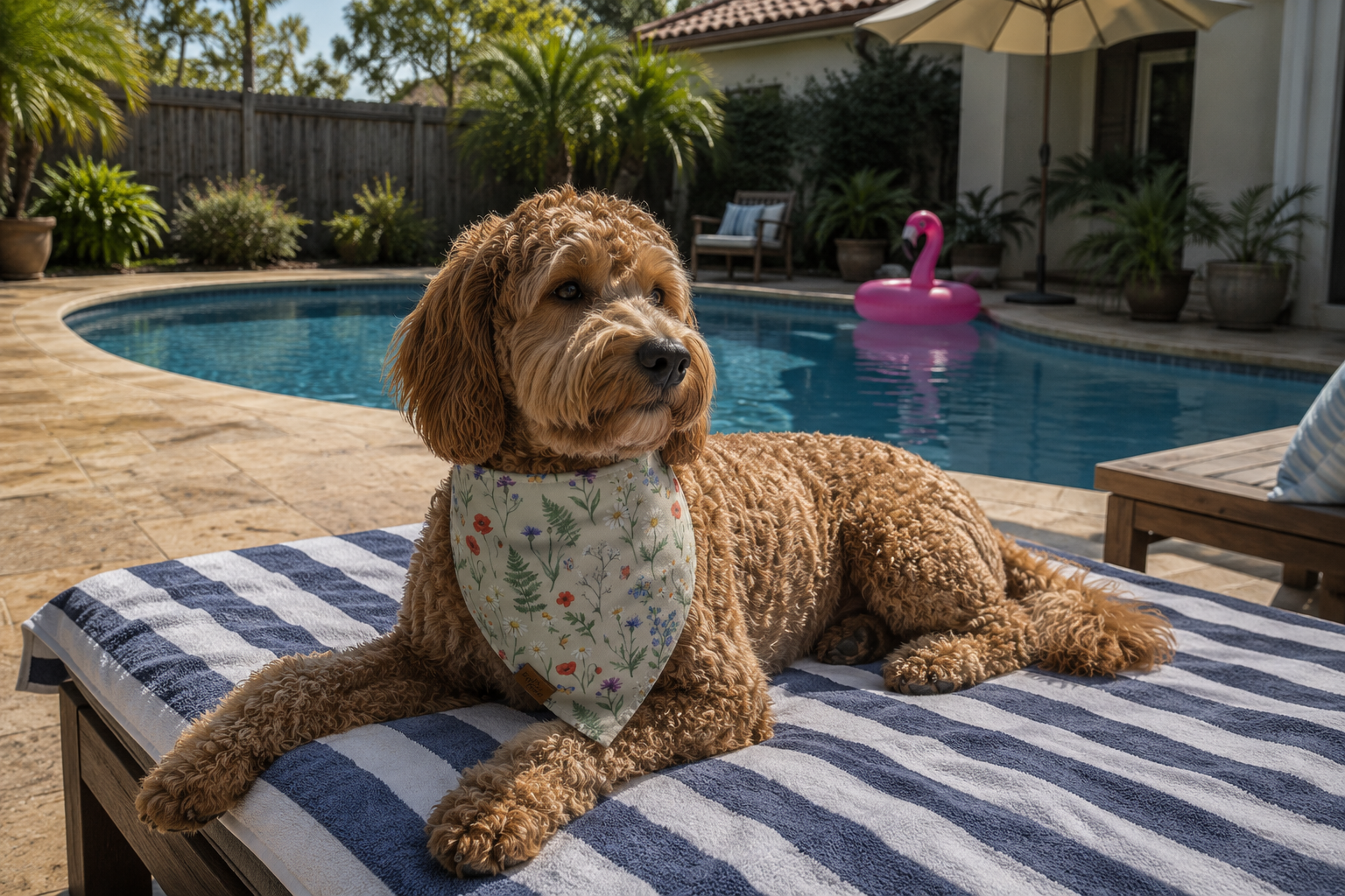 Dog wearing a Voff Haus reversible bandana