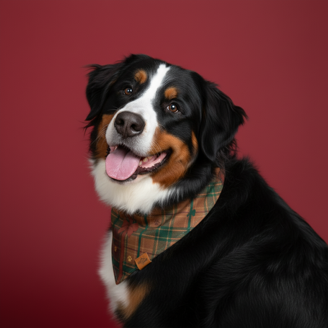 Bernese Mountain Dog wearing the Bark The Halls reversible dog bandana in green plaid on a deep red backdrop