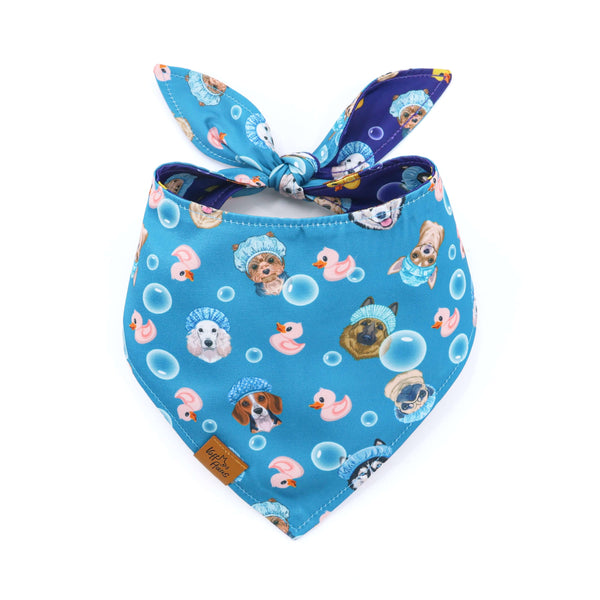 Blue dog bandana with cartoon characters and bubbles on a white background