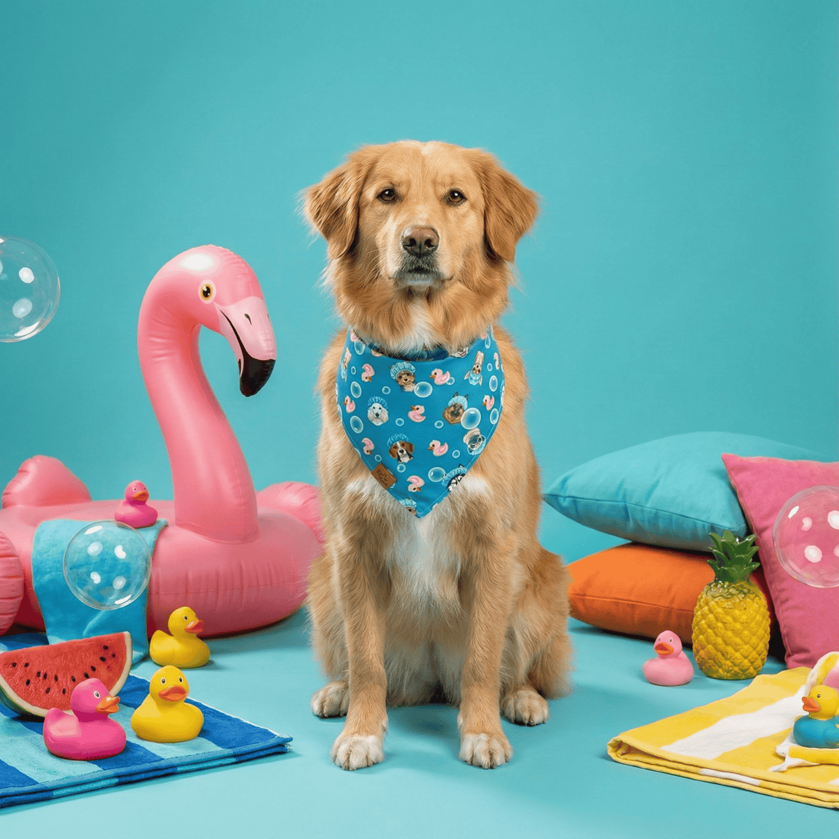 Golden Retriever wearing the Barky Ducky reversible dog bandana in bright blue, sitting among flamingo floats and pool toys