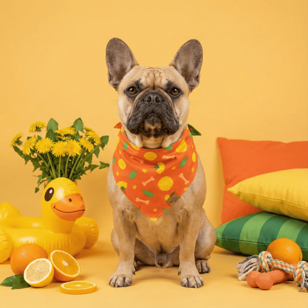French Bulldog wearing the Dreamy Walk reversible dog bandana in orange, with lemons and a rubber duck