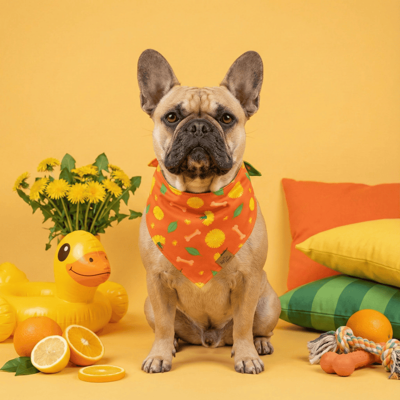 French Bulldog wearing the Dreamy Walk reversible dog bandana in orange, with lemons and a rubber duck