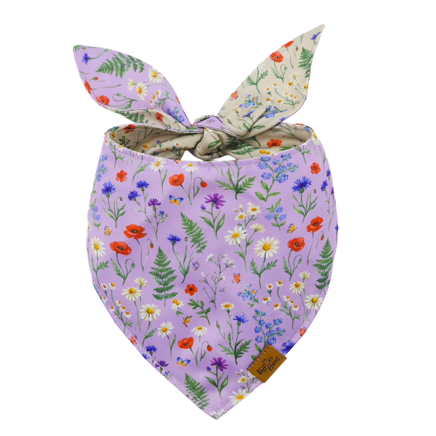 Wildflower Meadow reversible dog bandana, lavender side with poppies, cornflowers and daisies