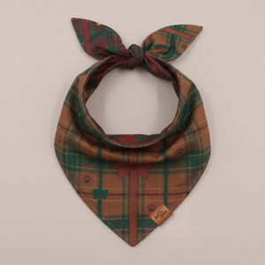 Bark The Halls reversible dog bandana, Forest Plaid side, tied flat lay