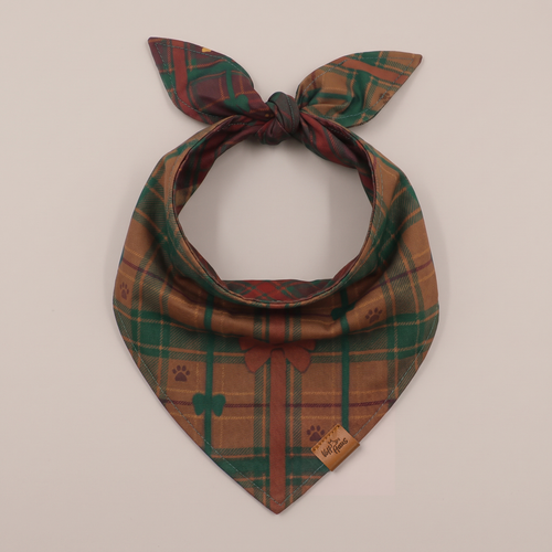 Bark The Halls reversible dog bandana, Forest Plaid side, tied flat lay