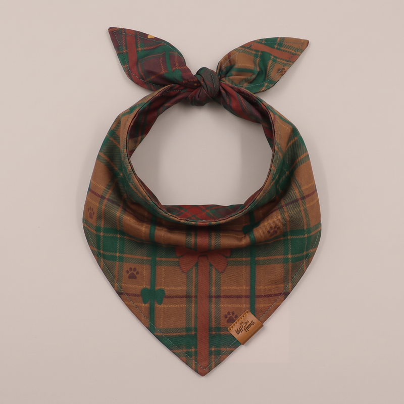 Bark The Halls reversible dog bandana, Forest Plaid side, tied flat lay
