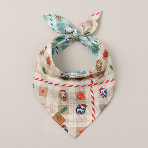 Candy Cane Tails reversible dog bandana, Cream Candy side, tied flat lay