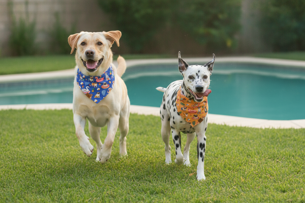 Labrador and Dalmatian running across grass wearing Pool Pawty reversible dog bandanas