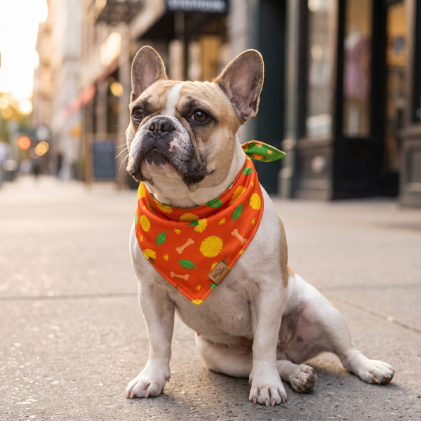 A dog wearing the Tangerine side of the Dreamy Walk bandana