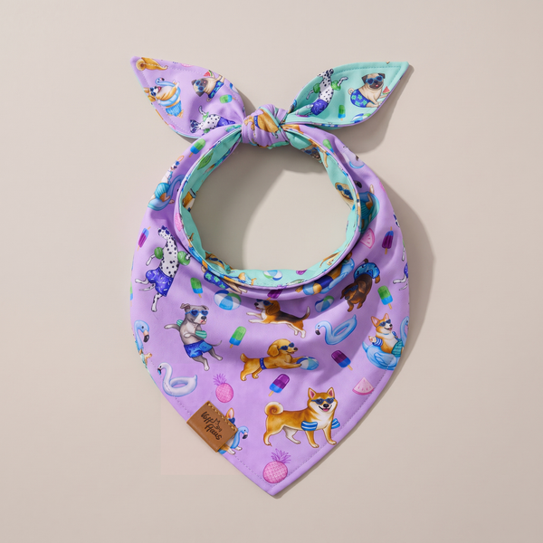 Endless Pawty reversible dog bandana, Lilac side, tied flat lay