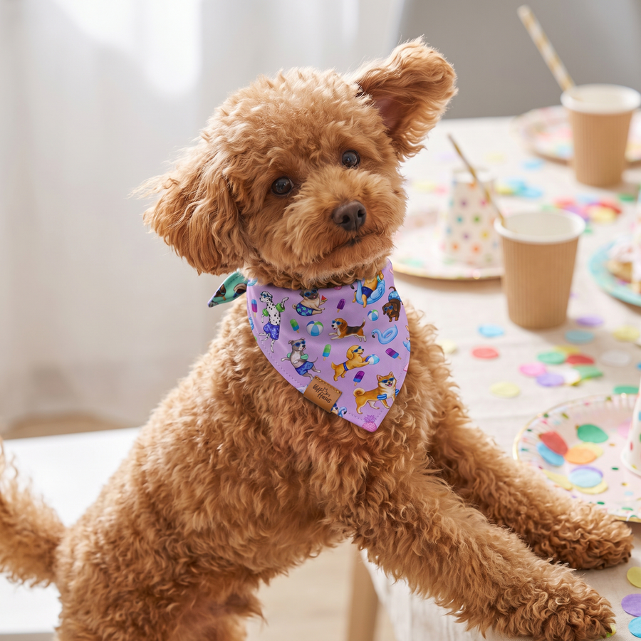 A dog wearing the Lilac side