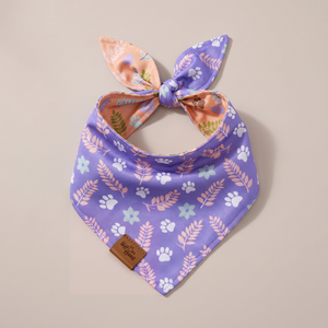 Paw Blossoms reversible dog bandana, Violet side, tied flat lay