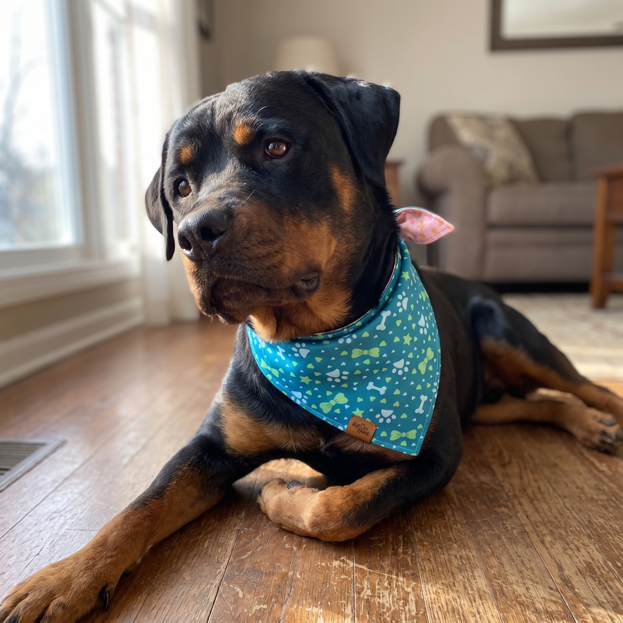 A dog wearing the Teal Paws side