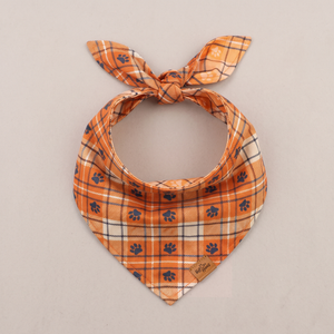 Plaid Paws reversible dog bandana, Marmalade Plaid side, tied flat lay