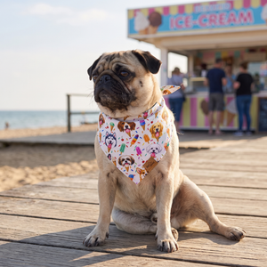 A dog wearing the Cream Scoops side of the Scoops & Snoots bandana