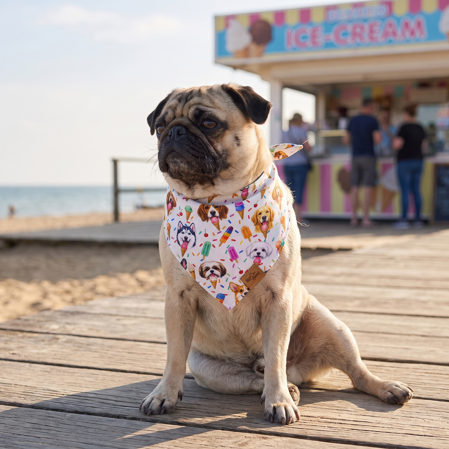 A dog wearing the Cream Scoops side