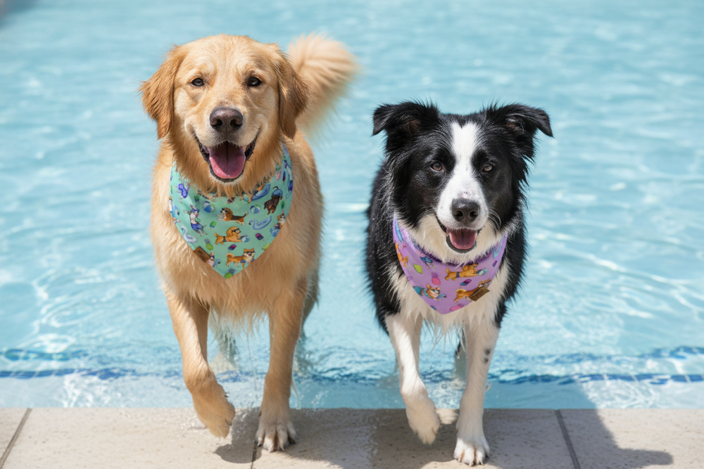 Golden Retriever and Border Collie running poolside in Endless Pawty reversible dog bandanas