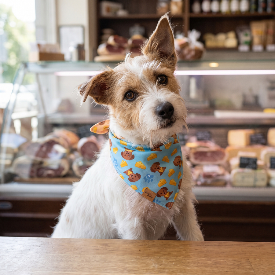 A dog wearing the Sky Blue side