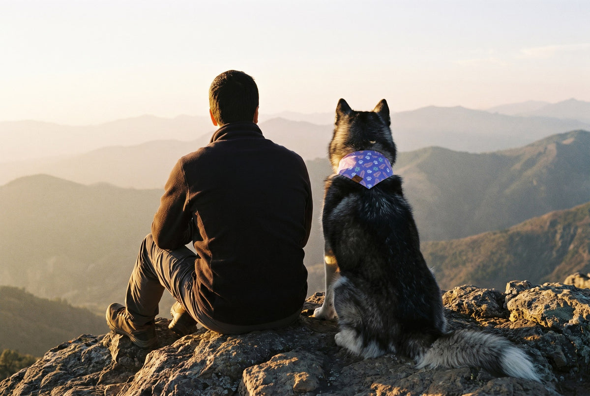 Luna and her owner sitting together on a summit at golden hour, looking out over the mountains