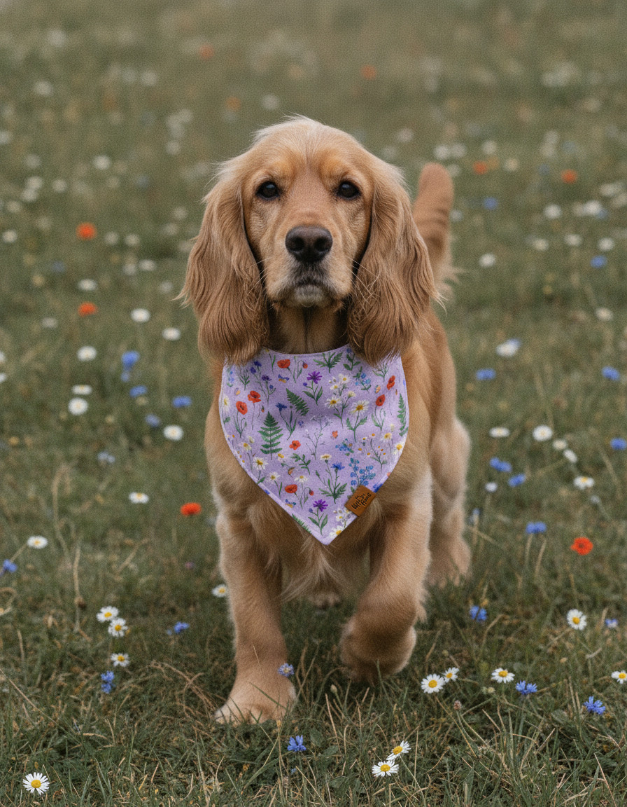 Cocker Spaniel running through a meadow wearing the Wildflower Meadow dog bandana in lavender